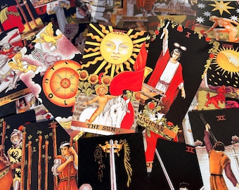 May include: A collection of tarot cards featuring The Sun, The Magician, and other illustrated cards with vibrant colors, including red, yellow, and black. The cards display various figures, symbols, and Roman numerals, creating a dense, overlapping arrangement of artistic imagery.