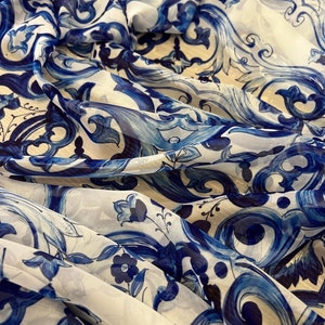 Blue Majolica Pattern Silky Chiffon Fabric, Luxury Fabric For Dress K143