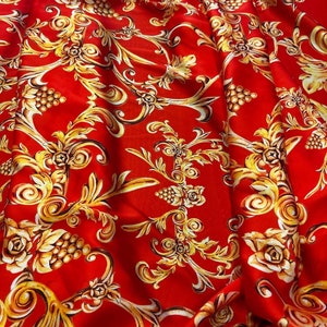 Baroque Pattern Silky Crepe Fabric, Red Fabric By The Yard