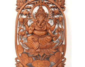 Wooden Carved Chaturbhuj Ganesh | Wall Hanging | Indian Wood Carving | Handmade wall hanging | Free Shipping