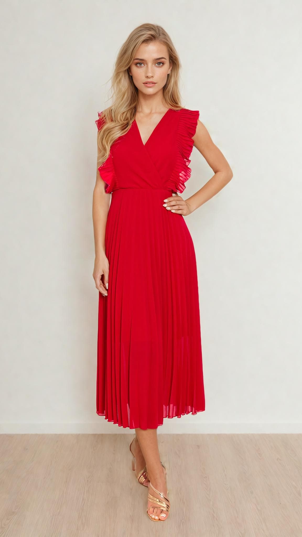 AKANJOO Elegant Red Pleated Midi Dress With Ruffled Sleeves, Chic V ...