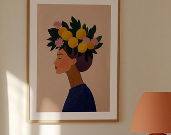Abstract Woman Lemon Flower Art Print: Mid-Century Modern (Digital Download)