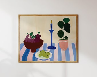 Striped Still Life Art Print: Contemporary Fruit & Candle (Digital Download)