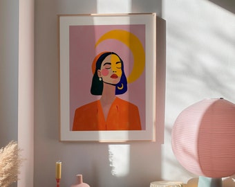 Abstract Woman Art Print: Mid-Century Modern, Pink & Orange (Digital Download)