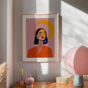 Arte abstracto de personas, arte lunar, arte colorido de mediados de siglo, arte vintage, bohemio vintage, impresión minimalista, arte mural para sala de estar, decoración de paredes