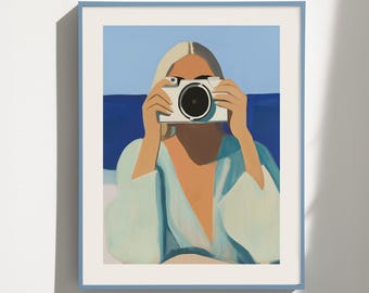 Abstract Woman with Retro Camera Art Print: Coastal Blue (Digital Download)