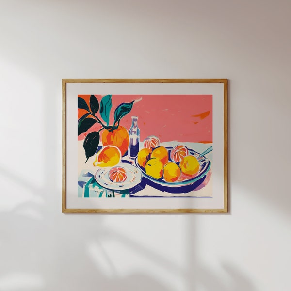 Orange Print, Digital Art Download, Horizontal Wall Art, Orange Still Life, Botanical Wall Art, Painted Oranges with Leaves, Citrus Art