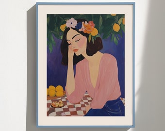 Mediterranean Lemon Art Print: Abstract Woman, Boho Decor (Digital Download)