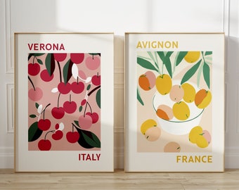 Fruit Market Poster Lot de 2, Galerie Wall Set, Poster Set, Peaches Print, Cherry Print, Fruit Market Wall Art, Peach Art Print, Trendy Art