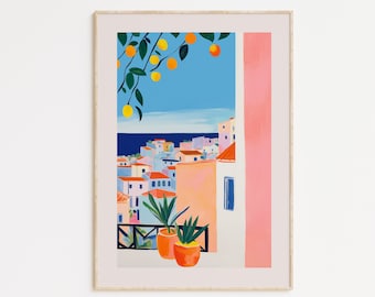 French Riviera Art Print: Coastal Town, Oranges (Digital Download)