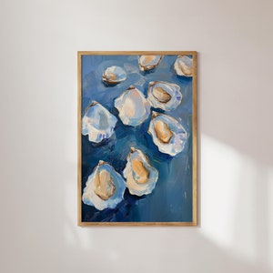 Dipinto di conchiglia di ostrica blu, decorazione murale ispirata all&#39;oceano, poster digitale di mare, regalo per gli amanti delle ostriche, arredamento da cucina in stile costiero, decorazione murale estiva per la casa