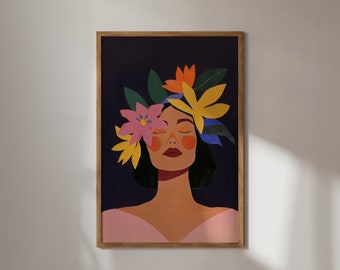 Abstract Woman Art Print: Colorful Mid-Century Modern Floral (Digital Download)