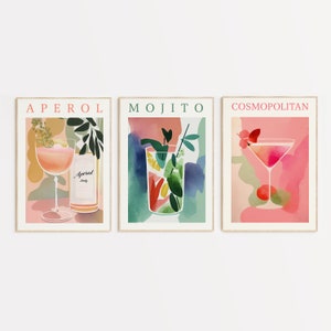 Cocktail Poster-Set von 3, digitaler Download, Galeriewand-Set, Aquarell Kunst Set, Aperol druckbare Kunst, Cosmopolitan Poster, Mojito Poster