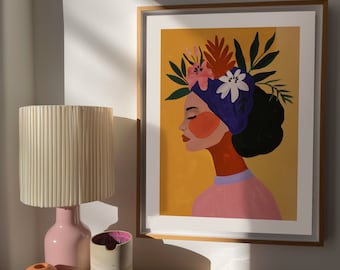 Abstract Woman Art Print: Colorful Boho Floral Portrait (Digital Download)