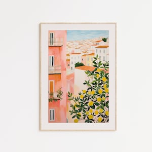Portugal Lemon Tree Print – Mediterranean Wall Art, Pink Porto Poster, Printable Travel Decor, Summer Kitchen or Dining Room Art