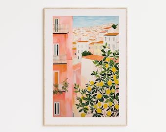 Portugal Lemon Tree Art Print: Pink Porto Travel Poster (Digital Download)