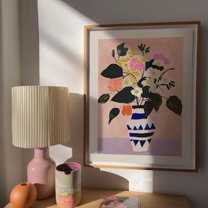 Póster floral, arte mural digital, estampado geométrico, flores vibrantes, arte moderno, ilustración digital, colores vibrantes, decoración contemporánea