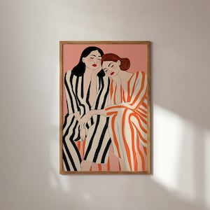 Moderne weibliche Kunstdruck, Freunde, zeitgenössische Kunst Druck, Abstrakte Menschen Kunst Wand, Abstrakter Druck Figurativer, Minimalistischer Druck Streifen