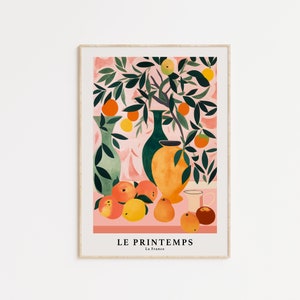 Impresión de naranjas, melocotones y limones, descarga de arte digital, arte mural botánico de mercado de frutas, impresión artística de cocina de naranja, limón y melocotón, arte imprimible de jarrón