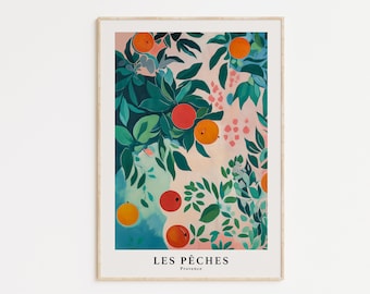 Peach Garden Art Print: Modern Botanical Kitchen Decor (Digital Download)