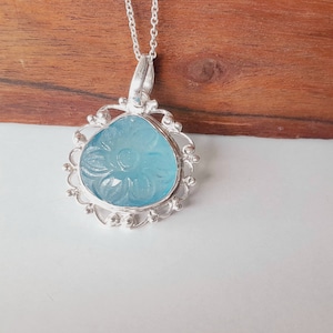 Natural Aquamarine Carving Pendant, Handmade Pendant, Carving Pendant, 925 Sterling Silver Pendant, Healing Necklace, Mothers Day gift