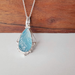 Natural Aquamarine Carving Pendant, Handmade Pendant, Carving Pendant, 925 Sterling Silver Pendant, Boho Pendant, Gift Pendant