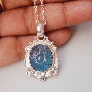 Natural Aquamarine Carving Pendant, Handmade Pendant, Carving Pendant, 925 Sterling Silver Pendant, Healing Necklace, Christmas Gift