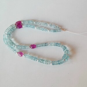 Aquamarine Tyre Bead Necklace: Ruby Nuggets, 925 Sterling Silver, 16 Inch