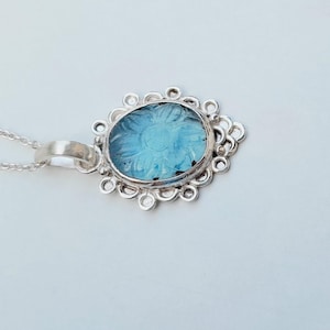 Natural Aquamarine Carving Pendant, Handmade Pendant, Carving Pendant, 925 Sterling Silver Pendant, Healing Necklace, Christmas Gift