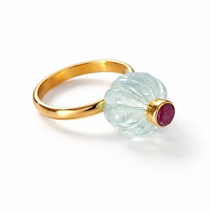 Aquamarine Flower Ring, Gold Plated 925 Sterling Silver, Handmade Boho Ring