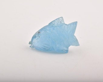 Handmade Aquamarine Fish Carving, Gemstone Sculpture (28x20 MM)