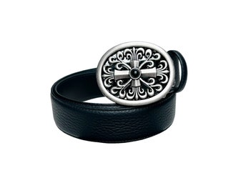 Chrome Hearts Style Black Belt Cross Pattern Silver Buckle