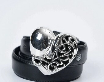 Stylish Chrome Hearts Silver Heart Leather Belt