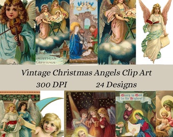 Vintage Americana Ephemera Noël anges Clip Art, 24 Images PNG Transparent téléchargement immédiat calendrier de l'Avent Scrapbooking cartes Tags