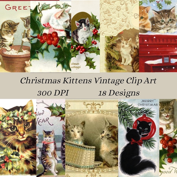 Christmas Kittens, Vintage Clip Art, Americana, Cat Ephemera, Stationery Supplies, Scrapbooking, Stickers, Labels, Gift Tags, Junk Journal