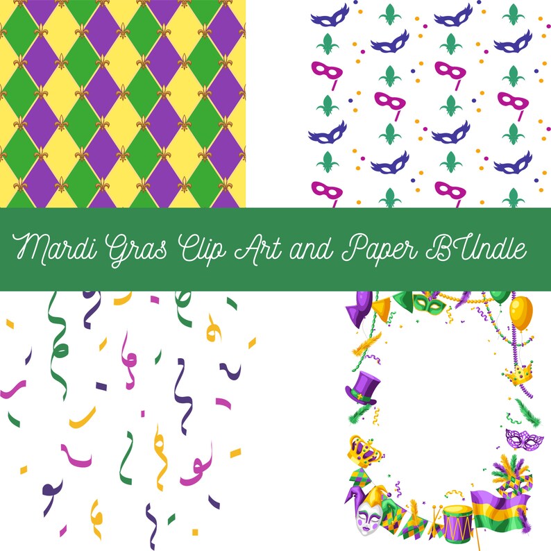 Mardi Gras Party Paper Bundle and Clip Art for Collage, Invitations ...