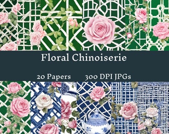 Floral Chinoiserie Designs for Commercial Use, Fresh Florals, Surface Patterns, Seamless Papers, Collage, Decoupage, Instant Downloads