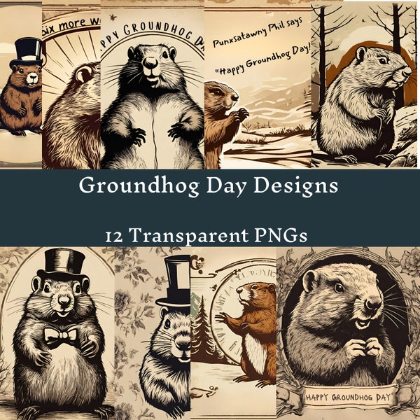 Celebrate Groundhog Day, Vintage Clip Art, Punxsatawny Phil, February 2, Junk Journal Pages, Scrapbook Ephemera 12 x 12 Transparent PNGs