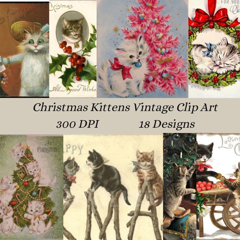 Christmas Kittens, Vintage Clip Art, Americana, Cat Ephemera