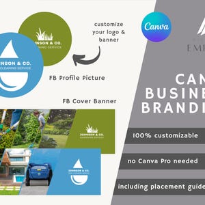 Business-sjabloonbundel voor zwembadreiniging met visitekaartje, logo en Facebook-banner voor sociale media, aanpasbaar in canvas