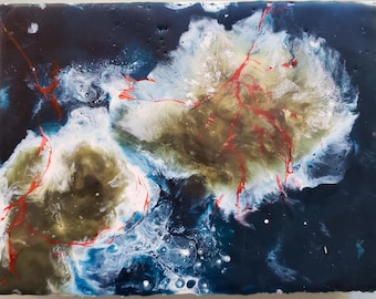 Pintura encáustica abstracta de la costa de una isla