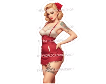 Vintage Tattooed Pinup Vinyl Aufkleber, Mechaniker Aufkleber, Werkzeugkasten Aufkleber