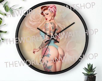Vintage Style Pinup Wall Clock, Garage Decor, Man Cave Decor