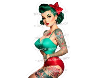 Vintage Tattooed Pinup Vinyl Aufkleber oder Magnet, Mechaniker Aufkleber, Werkzeugkiste Aufkleber