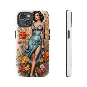 Robuste Handyhülle, Blumen Pinup, Tattoo Pinup, Iphone 15 Samsung S24, Schutzhülle fürs Handy