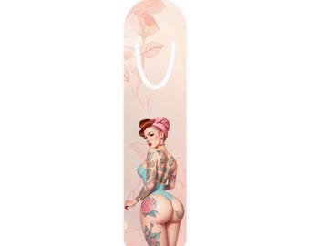 Pink Floral Tattoo Pinup Bookmark, Aluminum Sturdy Bookmark, Book Lover Gift, Sexy Bookmark
