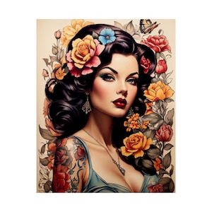 Vintage Style Pinup Floral Art Poster - Beautiful Wall Decor, Boho Home Decoration, Unique Gift for Her, Retro Style Art Print
