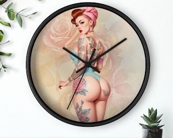 Vintage Style Pinup Wall Clock, Garage Decor, Man Cave Decor