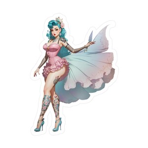 Vintage Style Tattooed Pinup Fairy Princess Vinyl Decal, Laptop Decal, Toolbox Decal