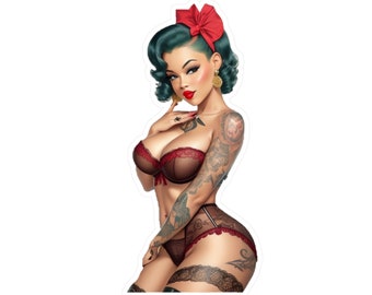 Vintage Style Tattooed Pinup Vinyl Decal, Mechanic Decal, Toolbox Decal